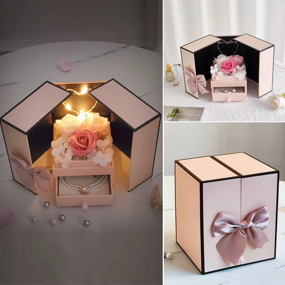 LED Soap Rose™ Flower Gift Box – Pink Double Door with Drawer for Jewelry & Lipstick Packaging