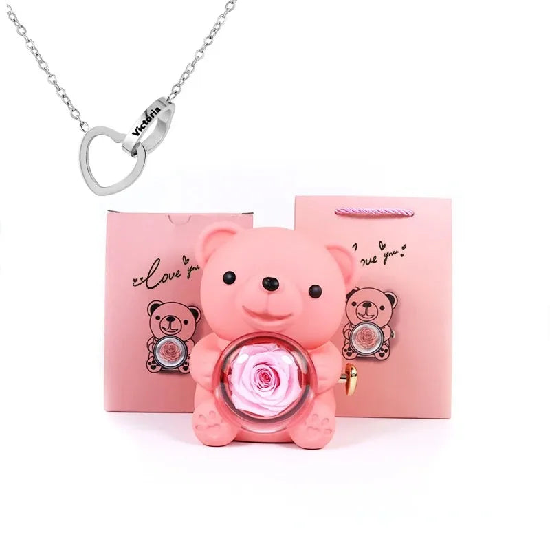 Eternal Rose™ Teddy Bear Jewelry Box – Rotating Rose & Necklace Storage Case