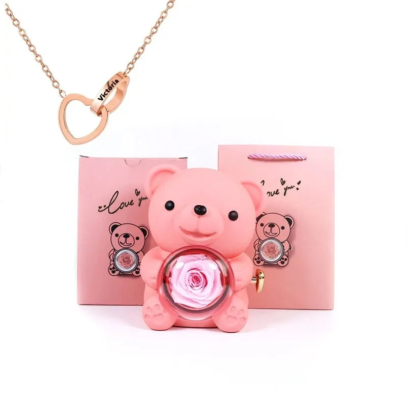 Eternal Rose™ Teddy Bear Jewelry Box – Rotating Rose & Necklace Storage Case