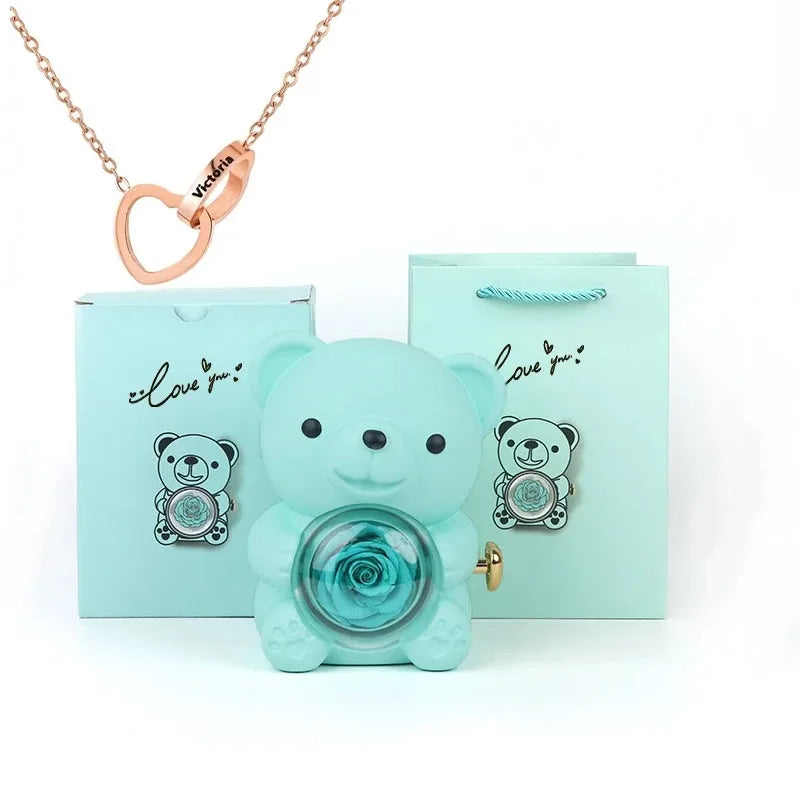 Eternal Rose™ Teddy Bear Jewelry Box – Rotating Rose & Necklace Storage Case