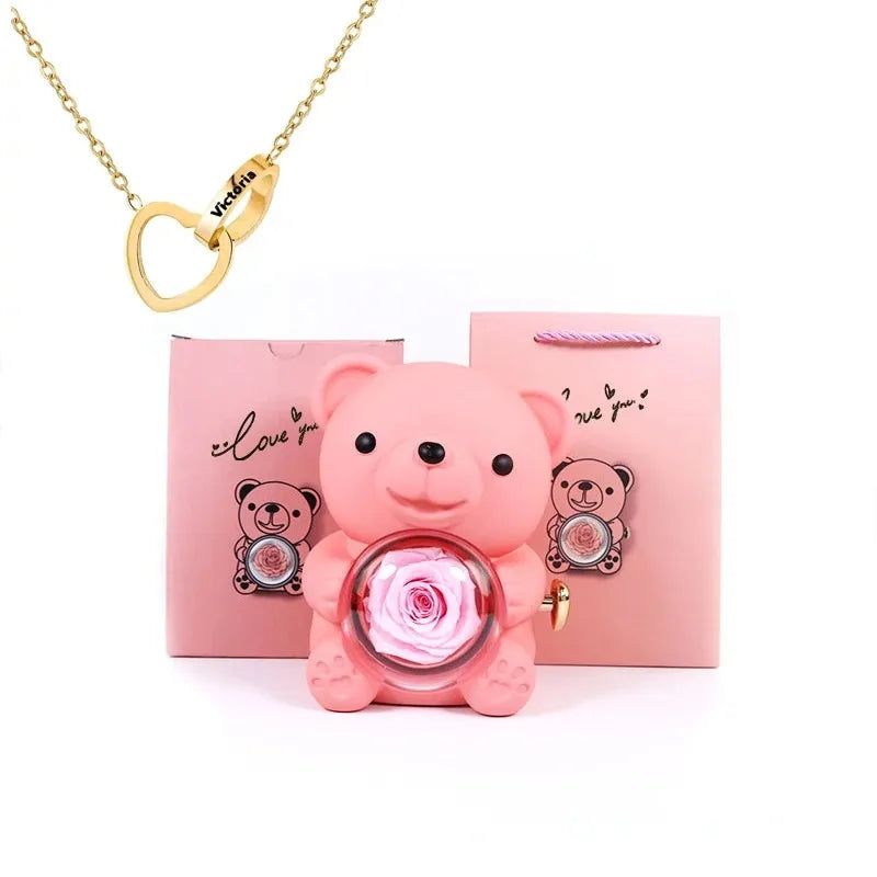 Eternal Rose™ Teddy Bear Jewelry Box – Rotating Rose & Necklace Storage Case