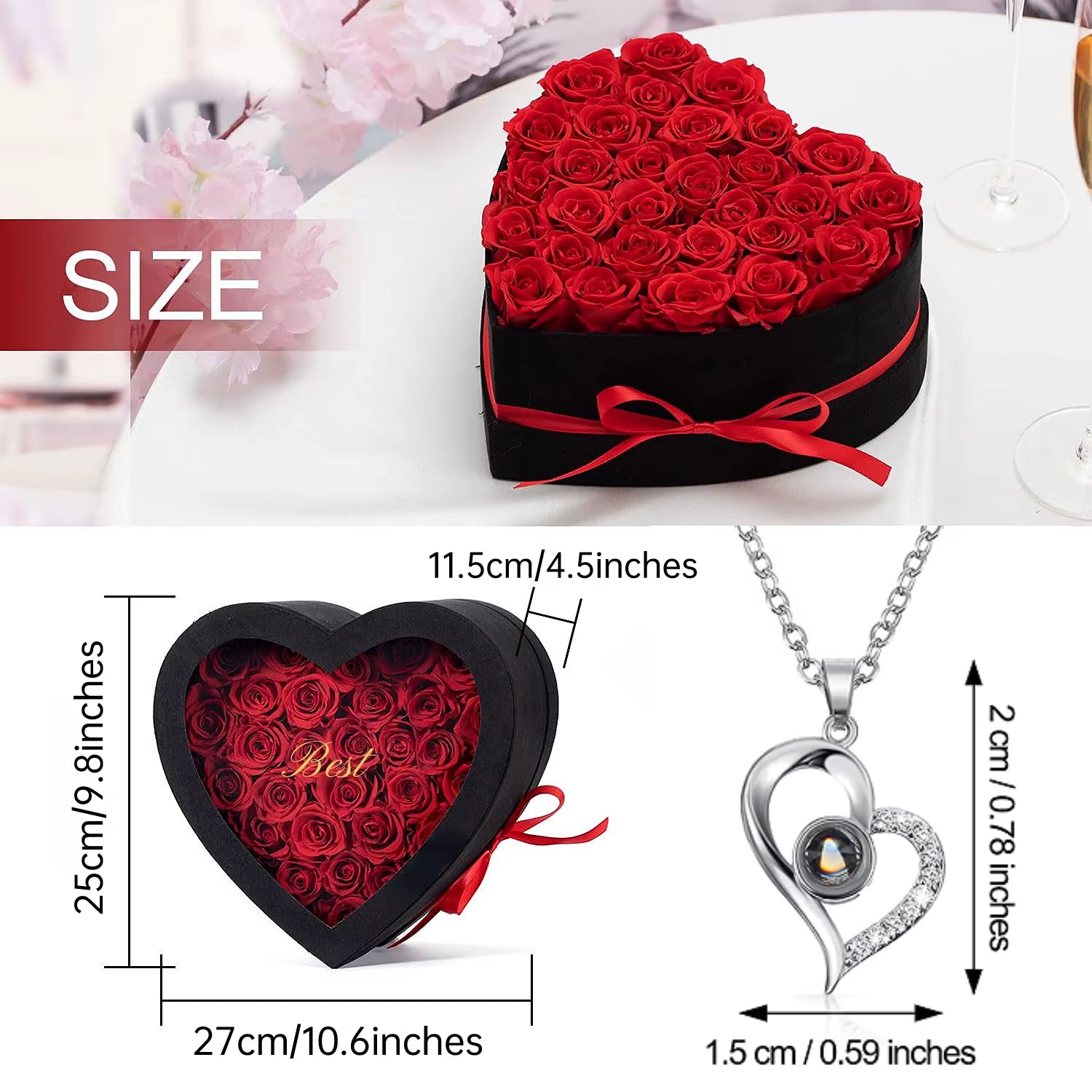 Artificial Rose Bouquet™ Heart-Shaped Gift Box – "I Love You" Necklace & Eternal Roses for Her