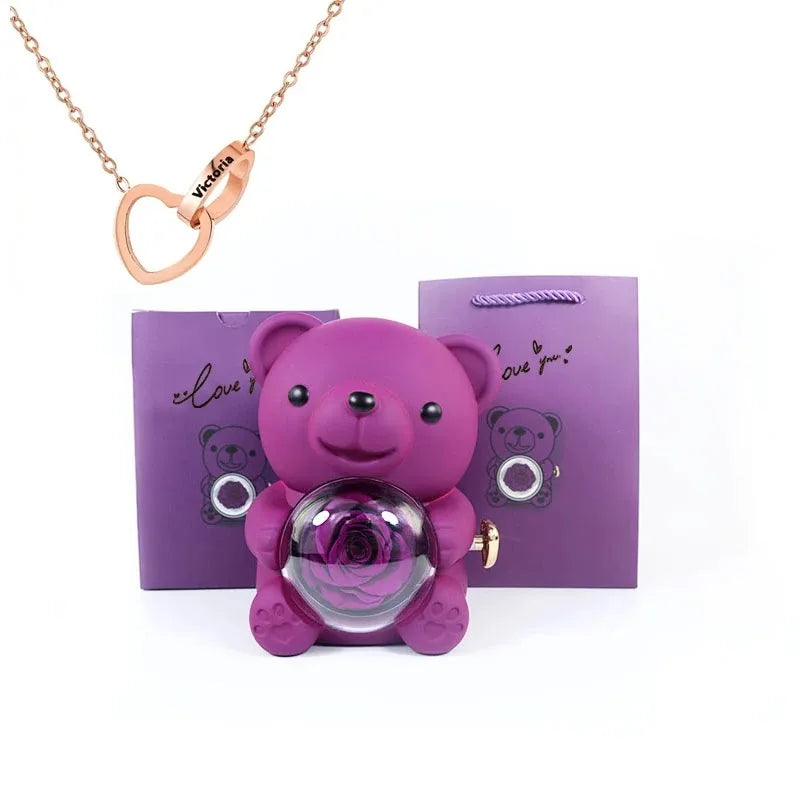 Eternal Rose™ Teddy Bear Jewelry Box – Rotating Rose & Necklace Storage Case