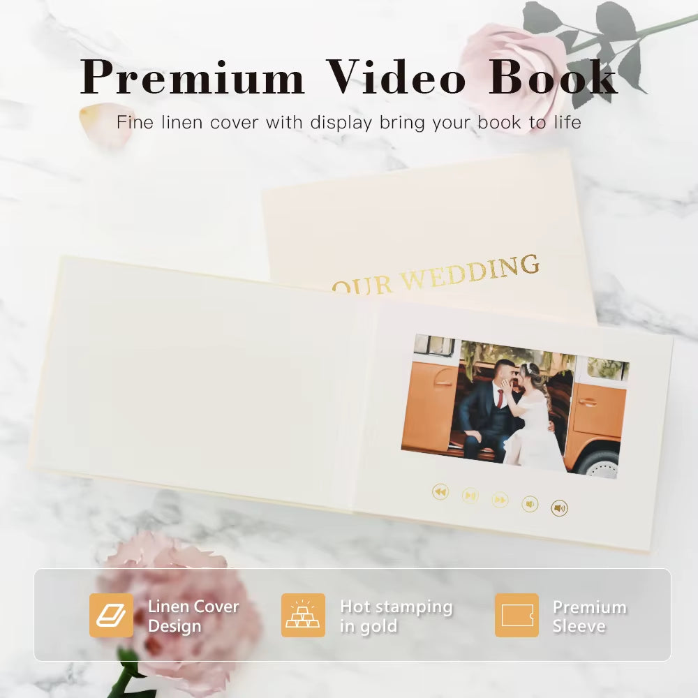 MemoryVault™ Luxury Linen-Bound Video Album – 7” Display, 4GB Storage & Rechargeable Battery