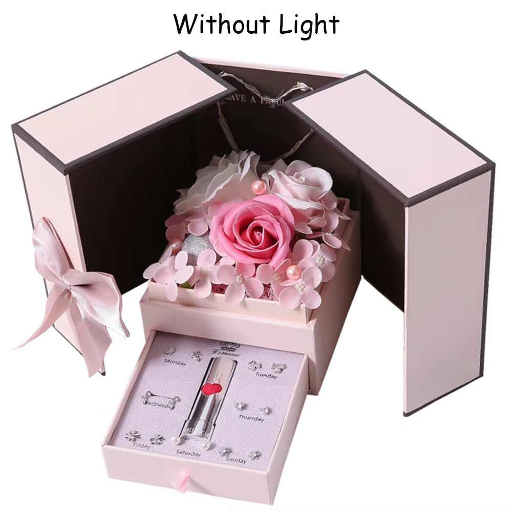 LED Soap Rose™ Flower Gift Box – Pink Double Door with Drawer for Jewelry & Lipstick Packaging