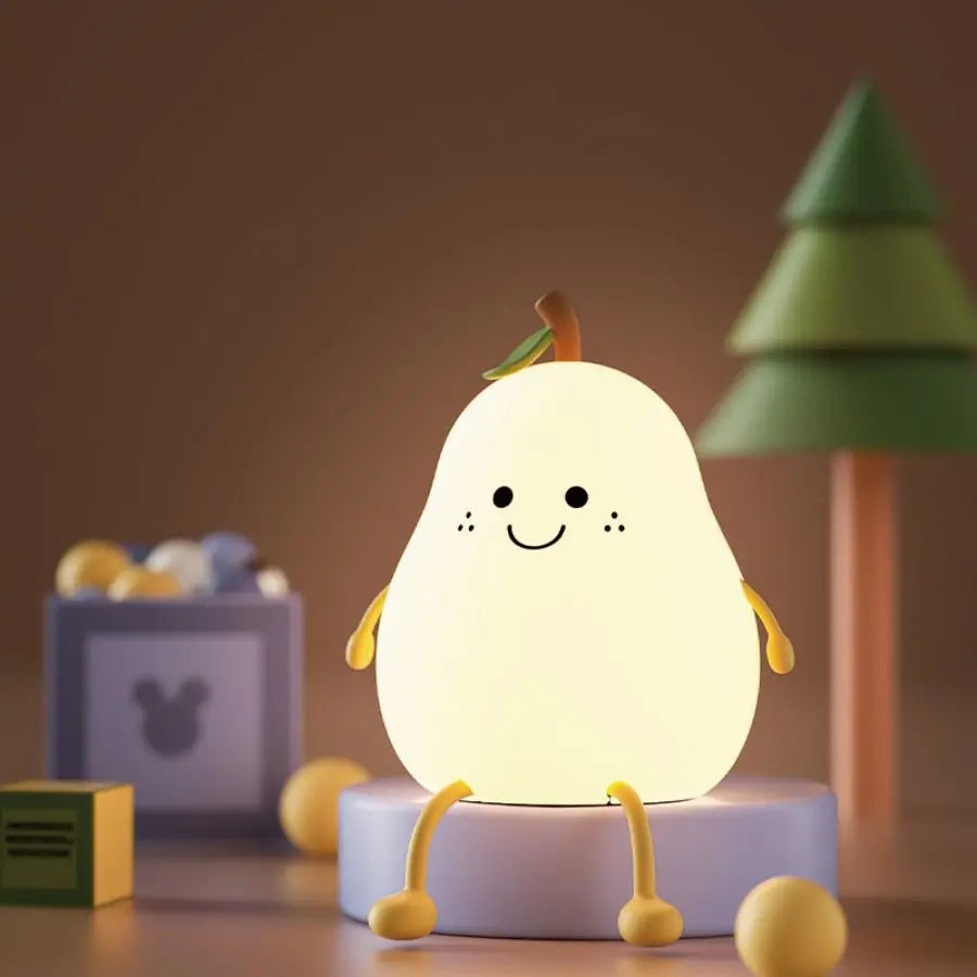 LED Pear™ Fruit Silicone Night Light – 7-Color Touch Dimming & USB Rechargeable Cartoon Bedside Lamp for Kids