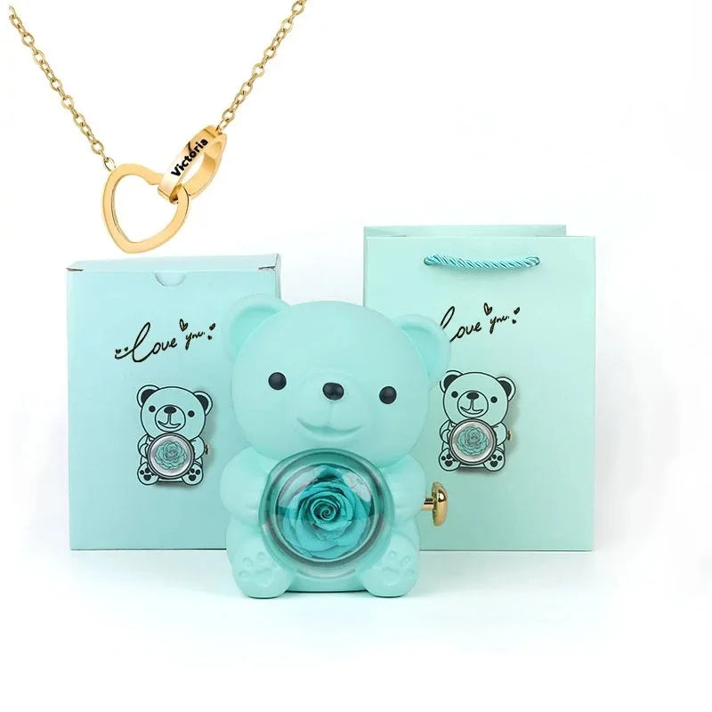 Eternal Rose™ Teddy Bear Jewelry Box – Rotating Rose & Necklace Storage Case