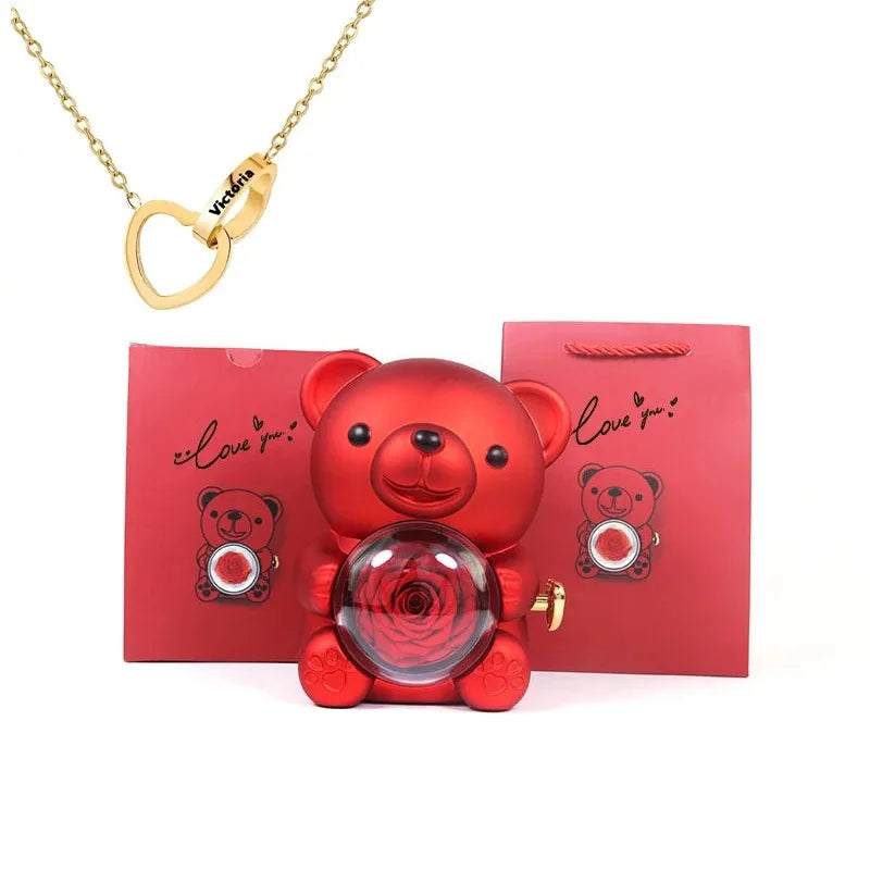 Eternal Rose™ Teddy Bear Jewelry Box – Rotating Rose & Necklace Storage Case