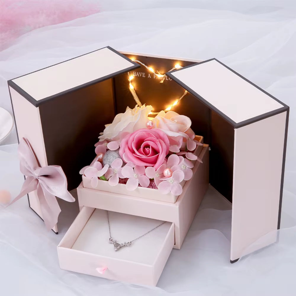 LED Soap Rose™ Flower Gift Box – Pink Double Door with Drawer for Jewelry & Lipstick Packaging