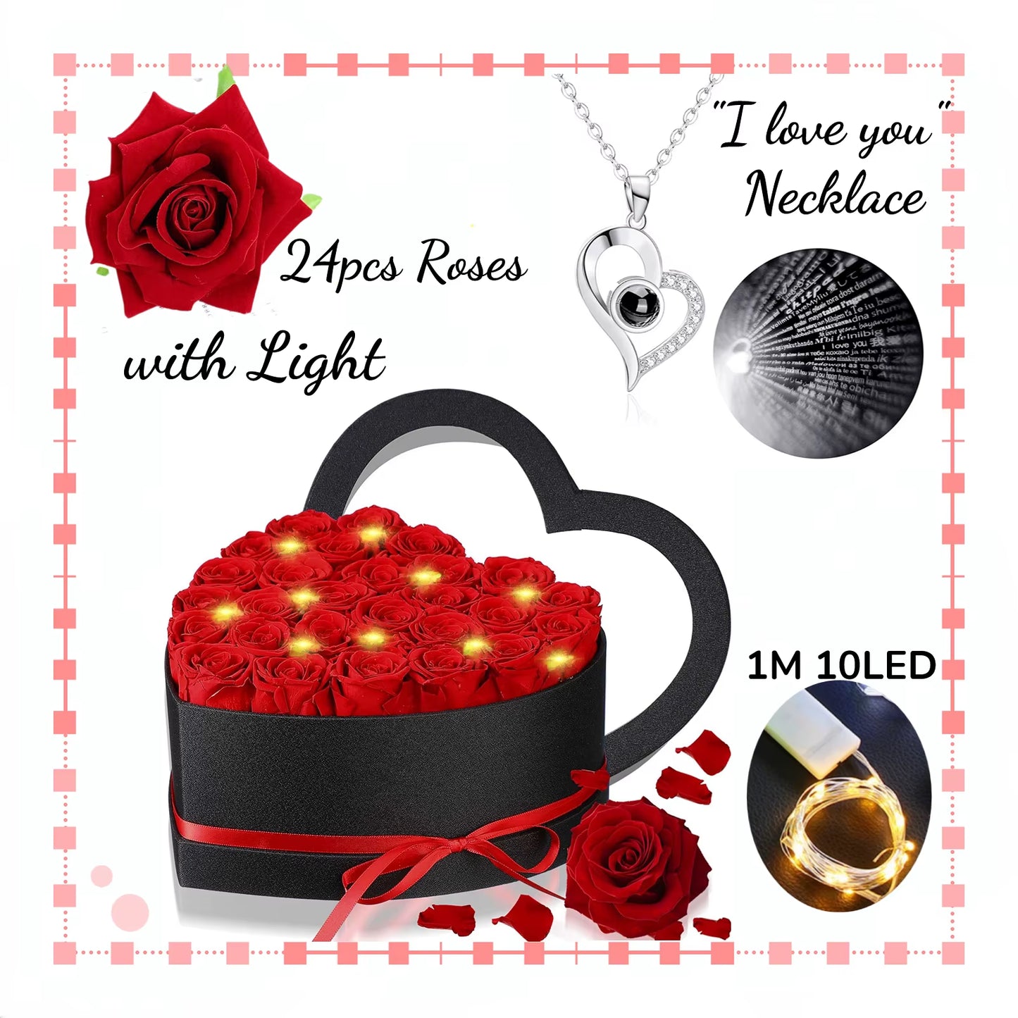 Artificial Rose Bouquet™ Heart-Shaped Gift Box – "I Love You" Necklace & Eternal Roses for Her