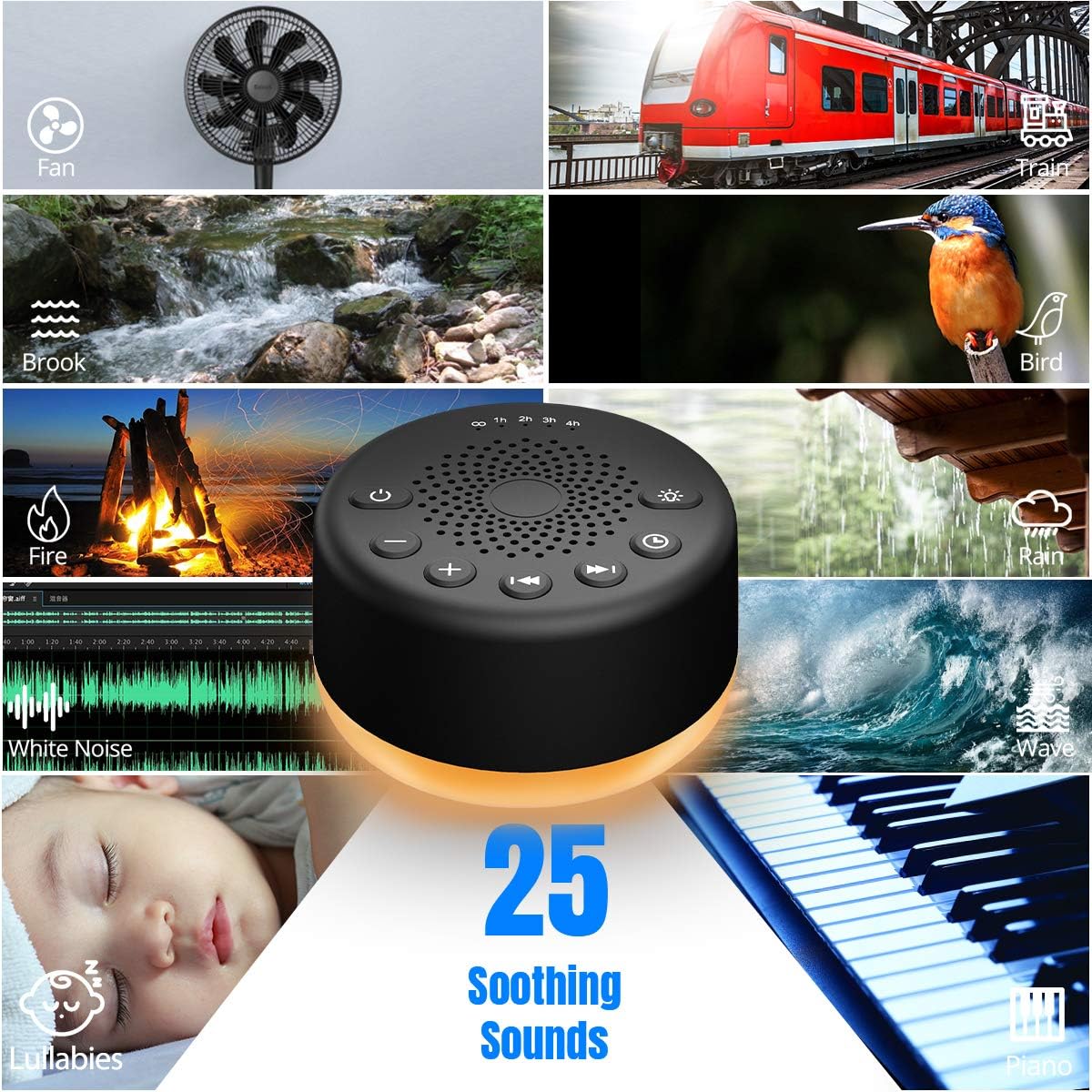 White Noise Sound Machine with 25 Soothing Sounds, Night Light, Sleep Timer, and Memory Function