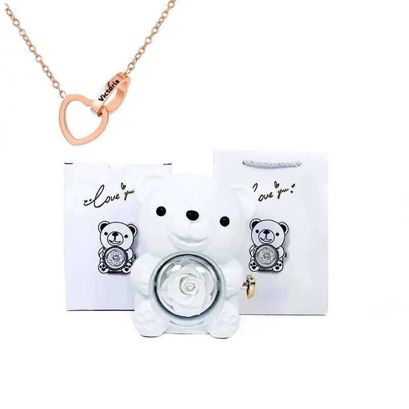 Eternal Rose™ Teddy Bear Jewelry Box – Rotating Rose & Necklace Storage Case