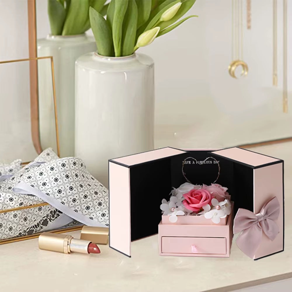 LED Soap Rose™ Flower Gift Box – Pink Double Door with Drawer for Jewelry & Lipstick Packaging