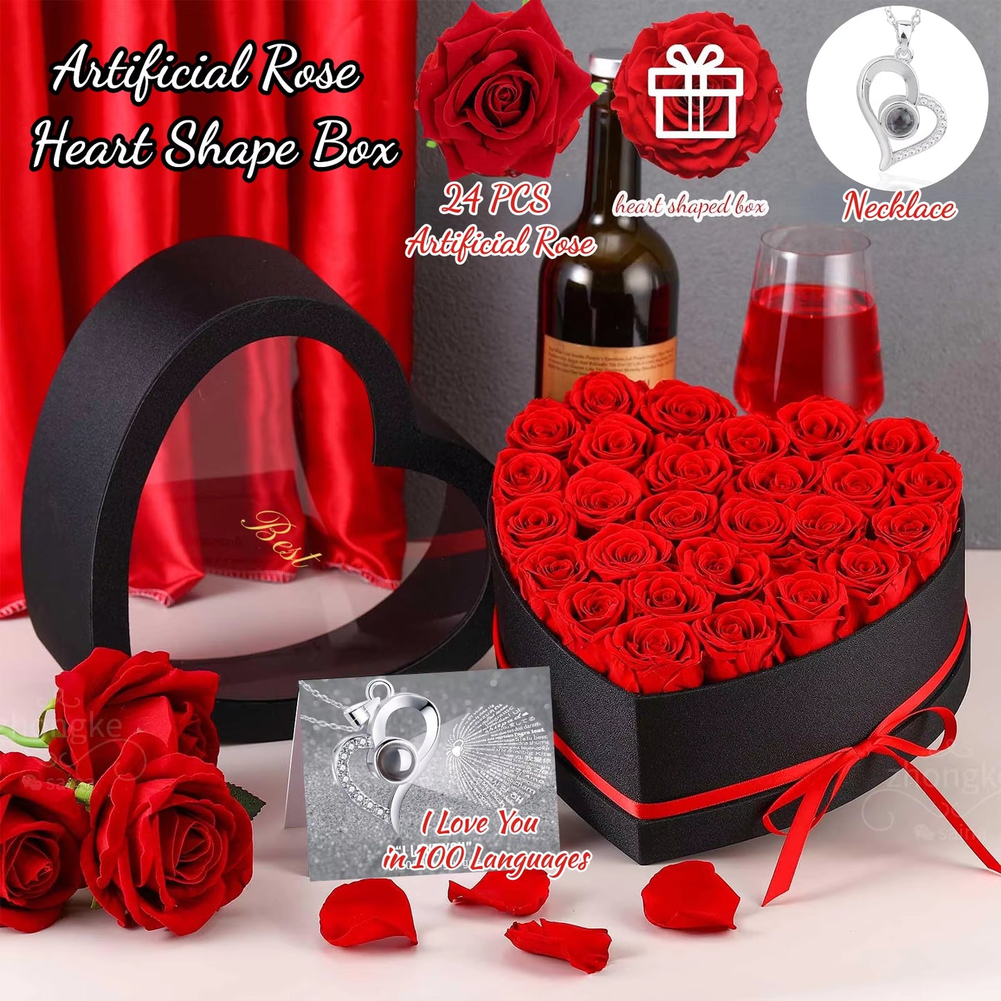 Artificial Rose Bouquet™ Heart-Shaped Gift Box – "I Love You" Necklace & Eternal Roses for Her