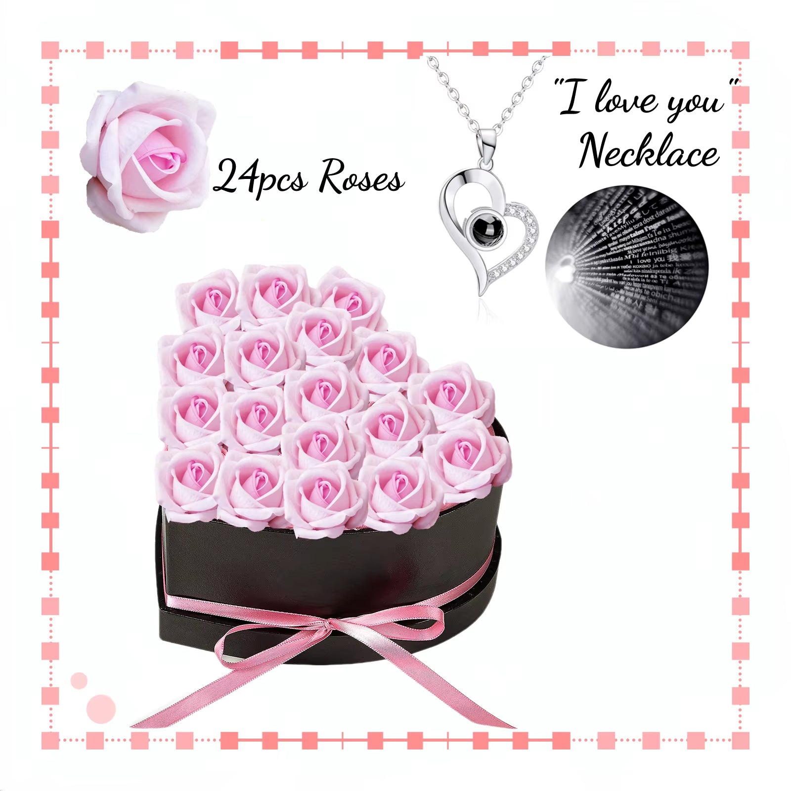 Artificial Rose Bouquet™ Heart-Shaped Gift Box – "I Love You" Necklace & Eternal Roses for Her