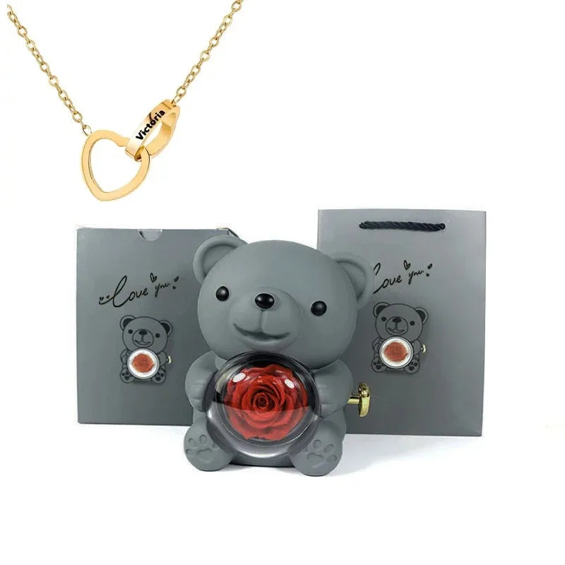 Eternal Rose™ Teddy Bear Jewelry Box – Rotating Rose & Necklace Storage Case