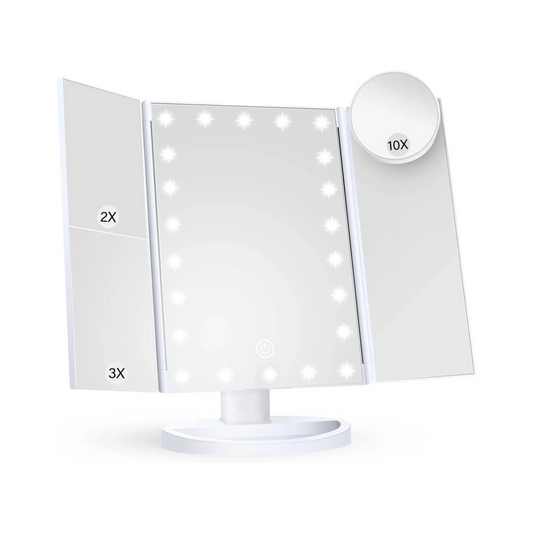 GlamMirror™ Trifold Lighted Vanity Mirror – 2X/3X/10X Magnification with Touch Control & Adjustable Lights