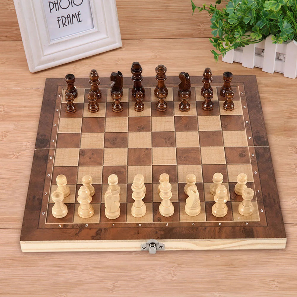 CheckMate™ 3-in-1 Wooden Chess, Checkers & Backgammon Set – Folding Storage Board