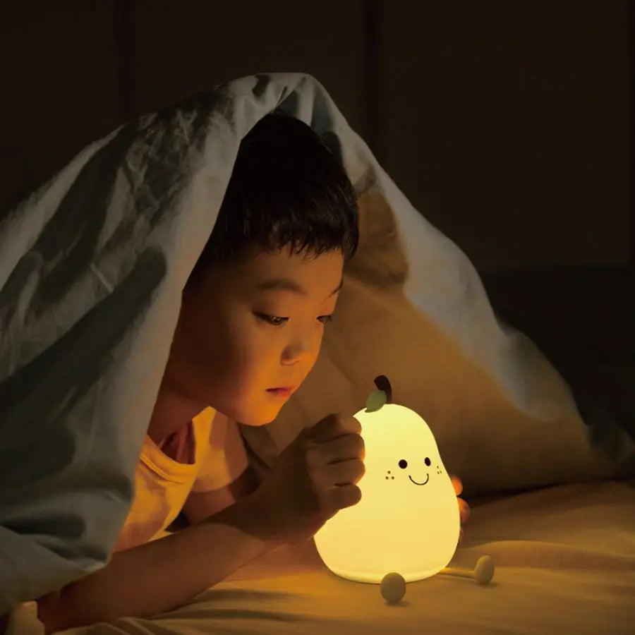 LED Pear™ Fruit Silicone Night Light – 7-Color Touch Dimming & USB Rechargeable Cartoon Bedside Lamp for Kids