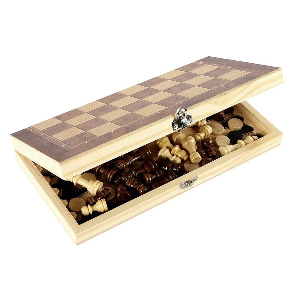 CheckMate™ 3-in-1 Wooden Chess, Checkers & Backgammon Set – Folding Storage Board