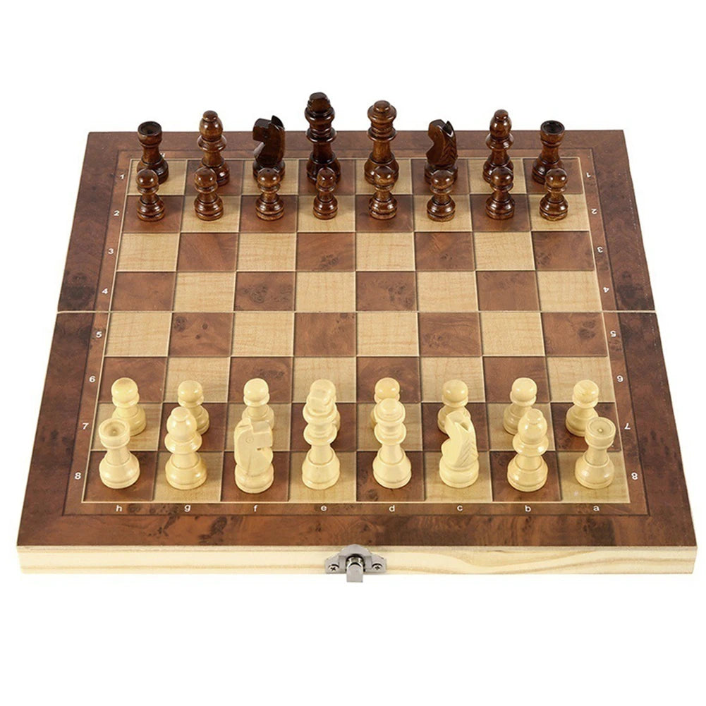 CheckMate™ 3-in-1 Wooden Chess, Checkers & Backgammon Set – Folding Storage Board