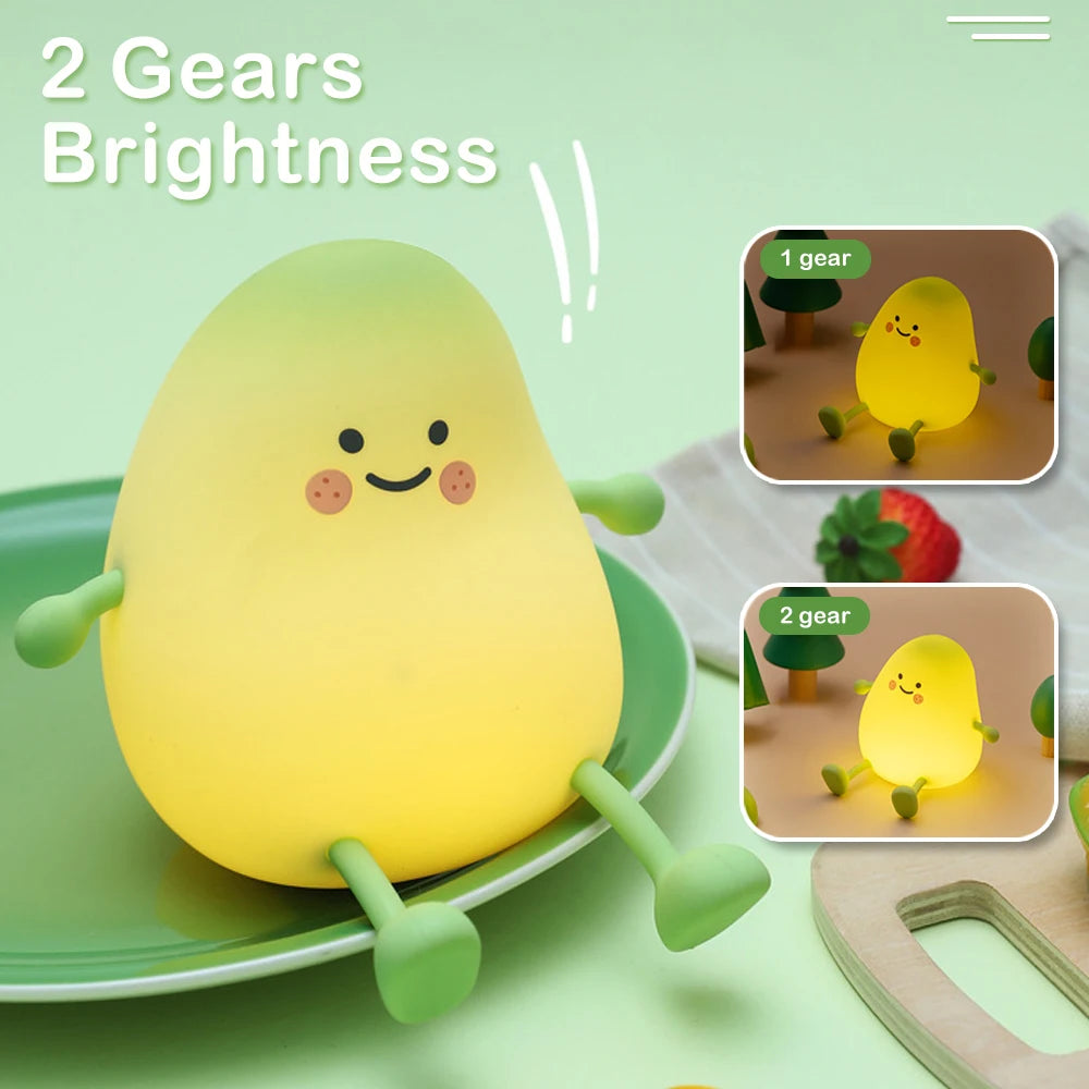 LED Pear™ Fruit Silicone Night Light – 7-Color Touch Dimming & USB Rechargeable Cartoon Bedside Lamp for Kids