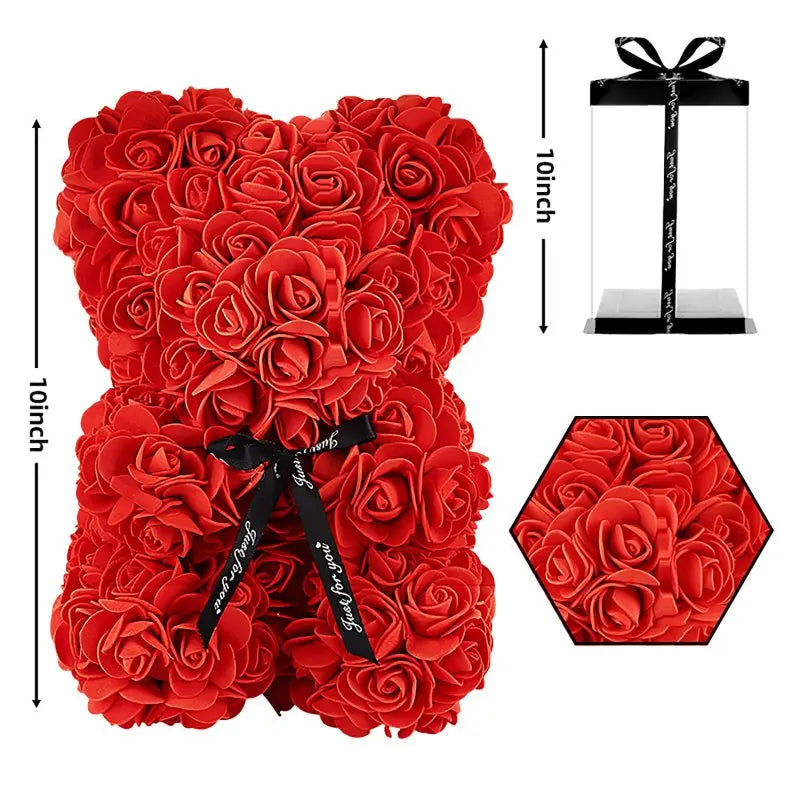 Rose Bear™ Flower Bear – Handmade Artificial Rose Bear with Clear Gift Box