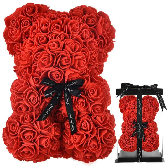 Rose Bear™ Flower Bear – Handmade Artificial Rose Bear with Clear Gift Box