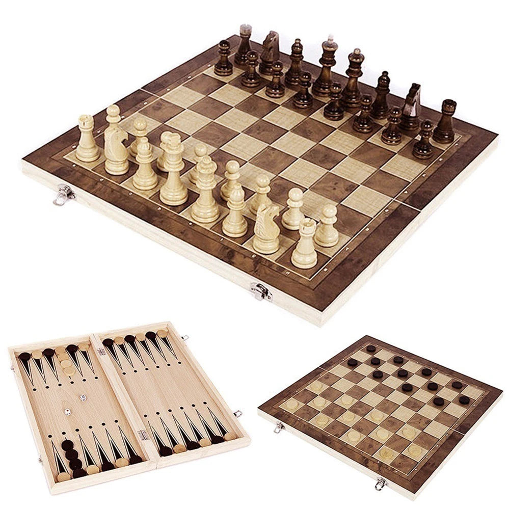 CheckMate™ 3-in-1 Wooden Chess, Checkers & Backgammon Set – Folding Storage Board