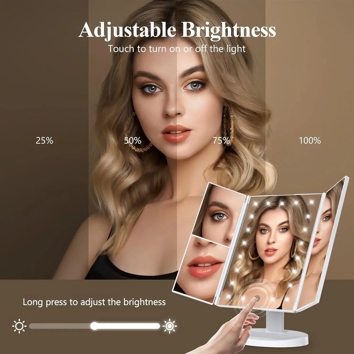 Trifold Lighted Vanity Mirror with 2X/3X/10X Magnification – Touch Control Makeup Mirror with Adjustable Lights