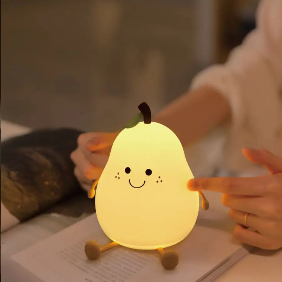 LED Pear™ Fruit Silicone Night Light – 7-Color Touch Dimming & USB Rechargeable Cartoon Bedside Lamp for Kids