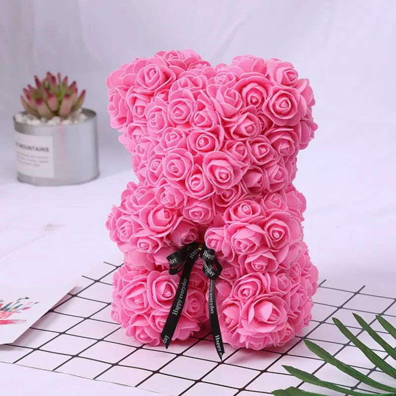 Rose Bear™ Flower Bear – Handmade Artificial Rose Bear with Clear Gift Box