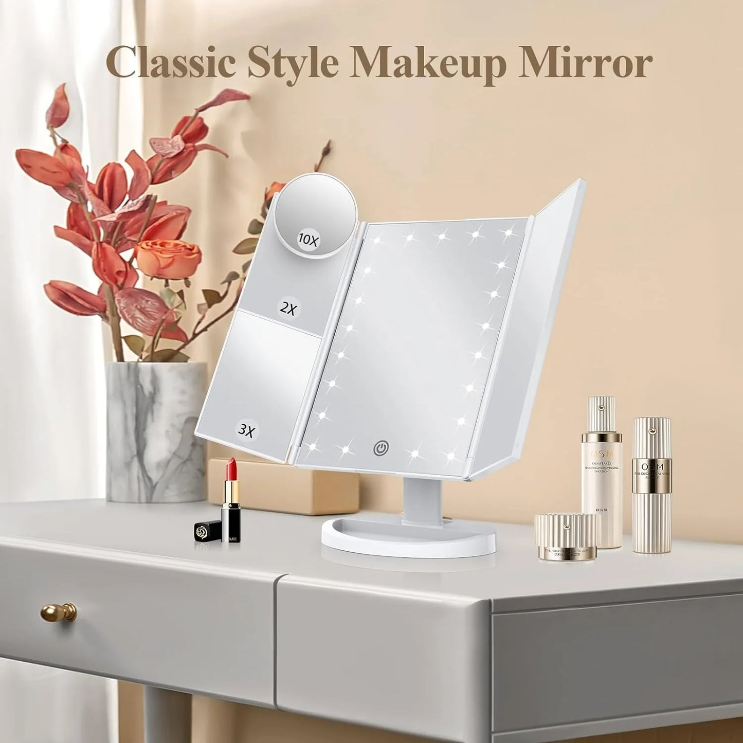 Trifold Lighted Vanity Mirror with 2X/3X/10X Magnification – Touch Control Makeup Mirror with Adjustable Lights