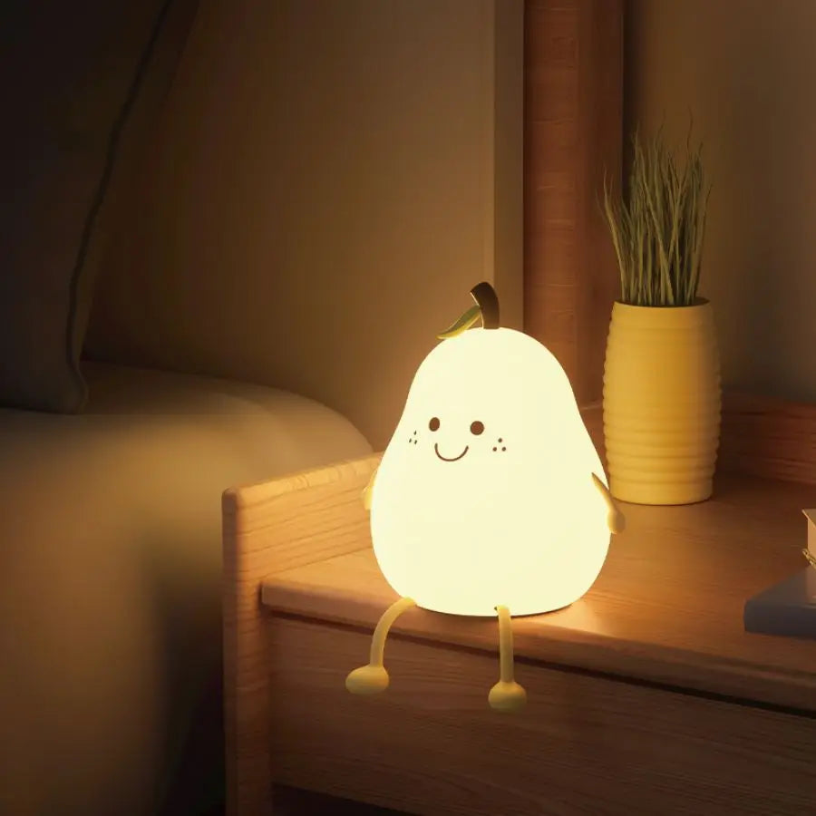 LED Pear™ Fruit Silicone Night Light – 7-Color Touch Dimming & USB Rechargeable Cartoon Bedside Lamp for Kids