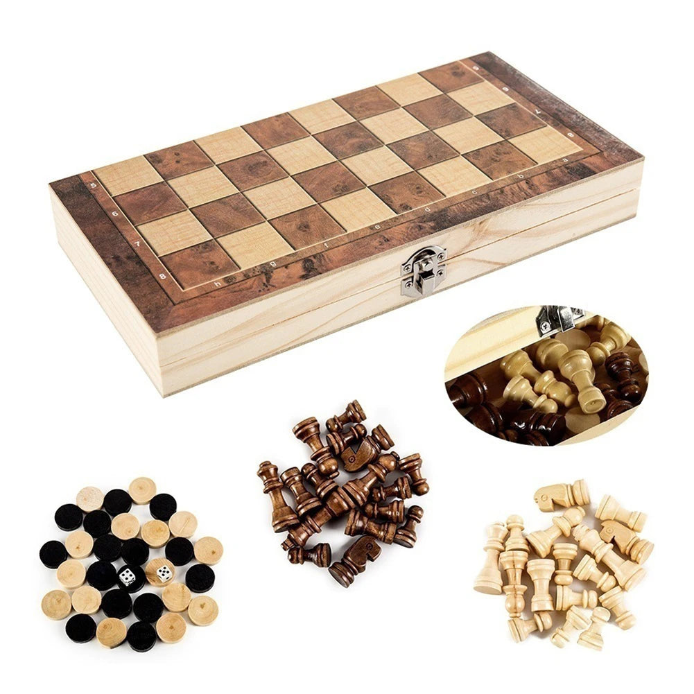 CheckMate™ 3-in-1 Wooden Chess, Checkers & Backgammon Set – Folding Storage Board