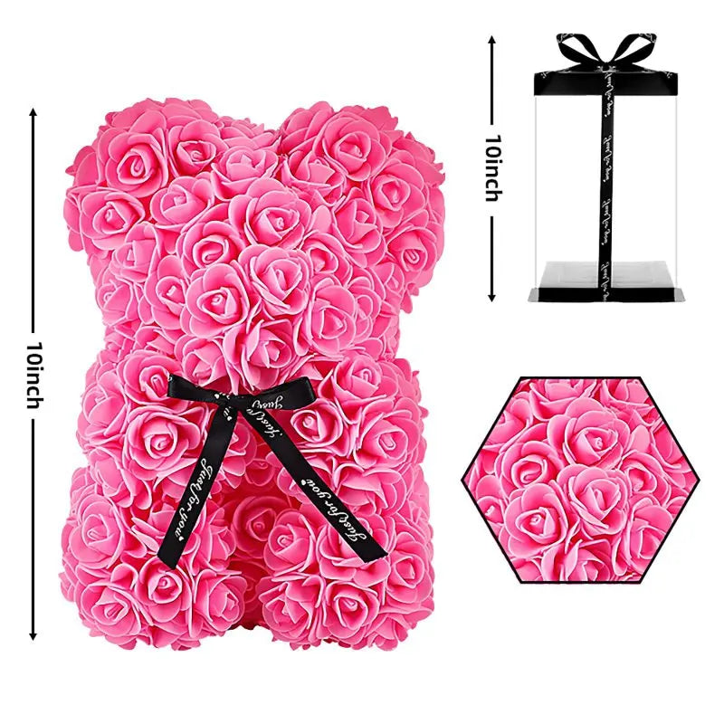 Rose Bear™ Flower Bear – Handmade Artificial Rose Bear with Clear Gift Box