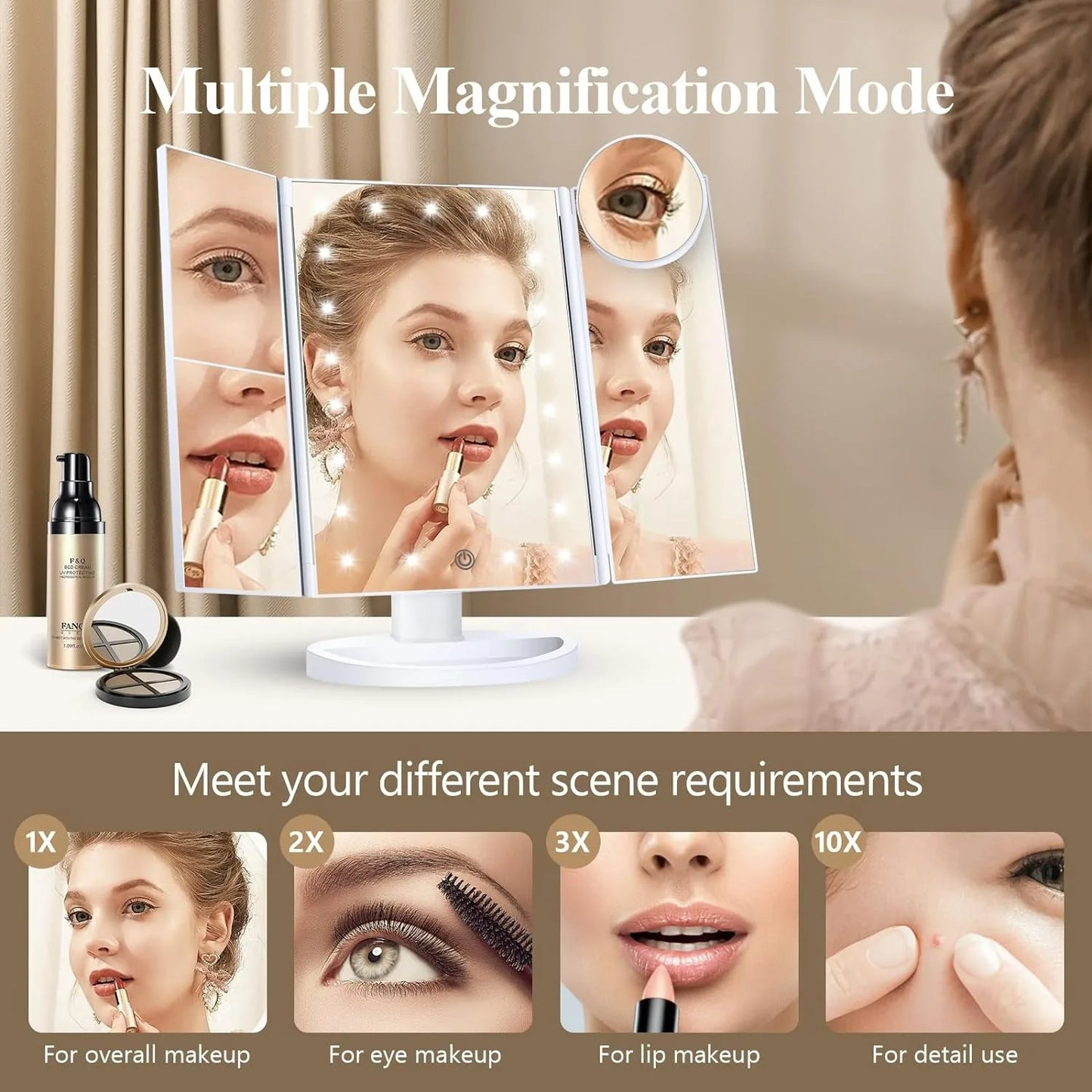 Trifold Lighted Vanity Mirror with 2X/3X/10X Magnification – Touch Control Makeup Mirror with Adjustable Lights