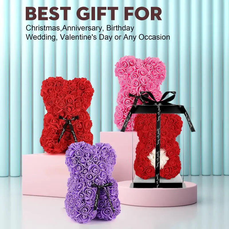 Rose Bear™ Flower Bear – Handmade Artificial Rose Bear with Clear Gift Box