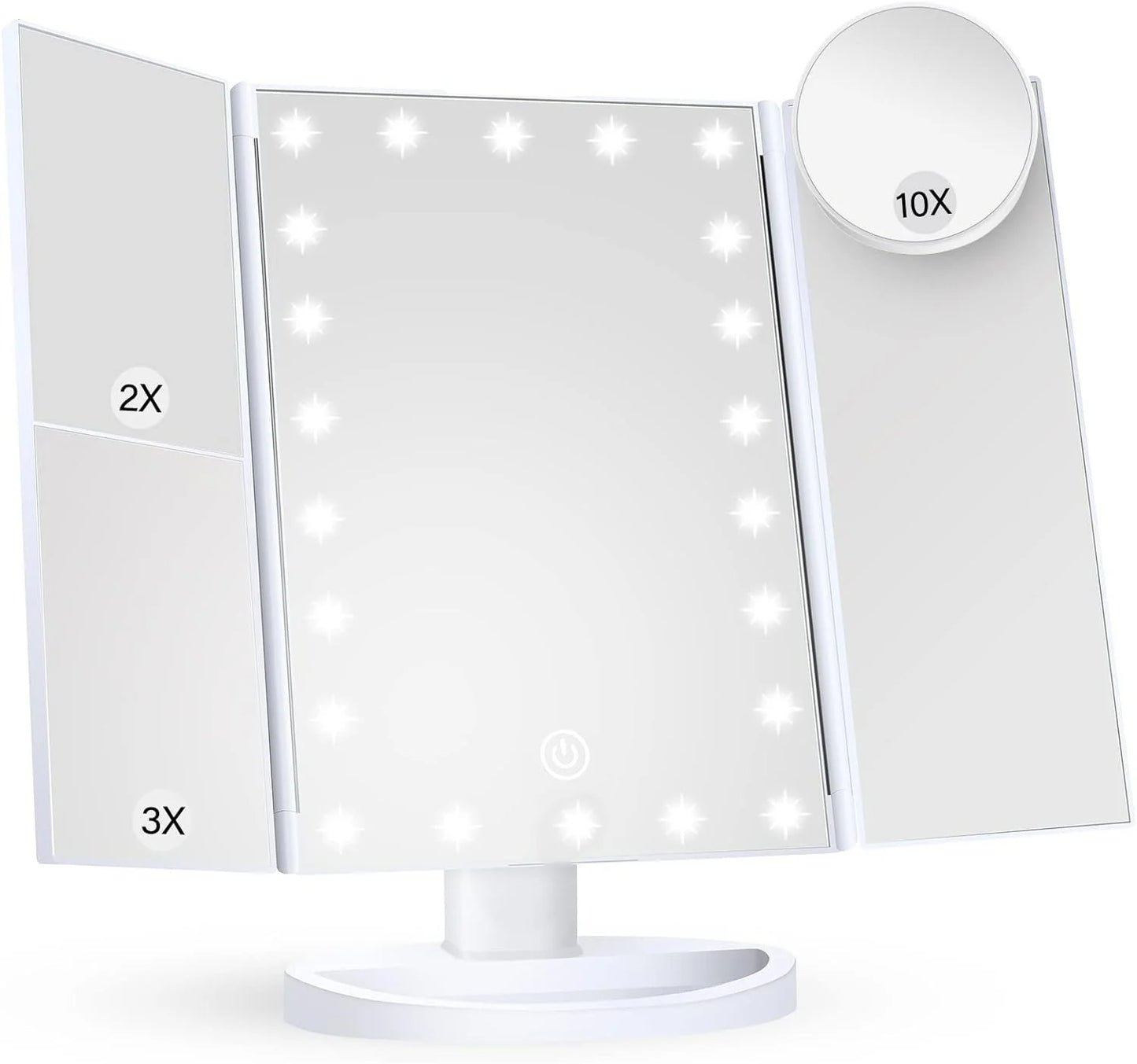 Trifold Lighted Vanity Mirror with 2X/3X/10X Magnification – Touch Control Makeup Mirror with Adjustable Lights