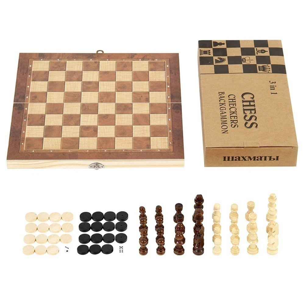 CheckMate™ 3-in-1 Wooden Chess, Checkers & Backgammon Set – Folding Storage Board