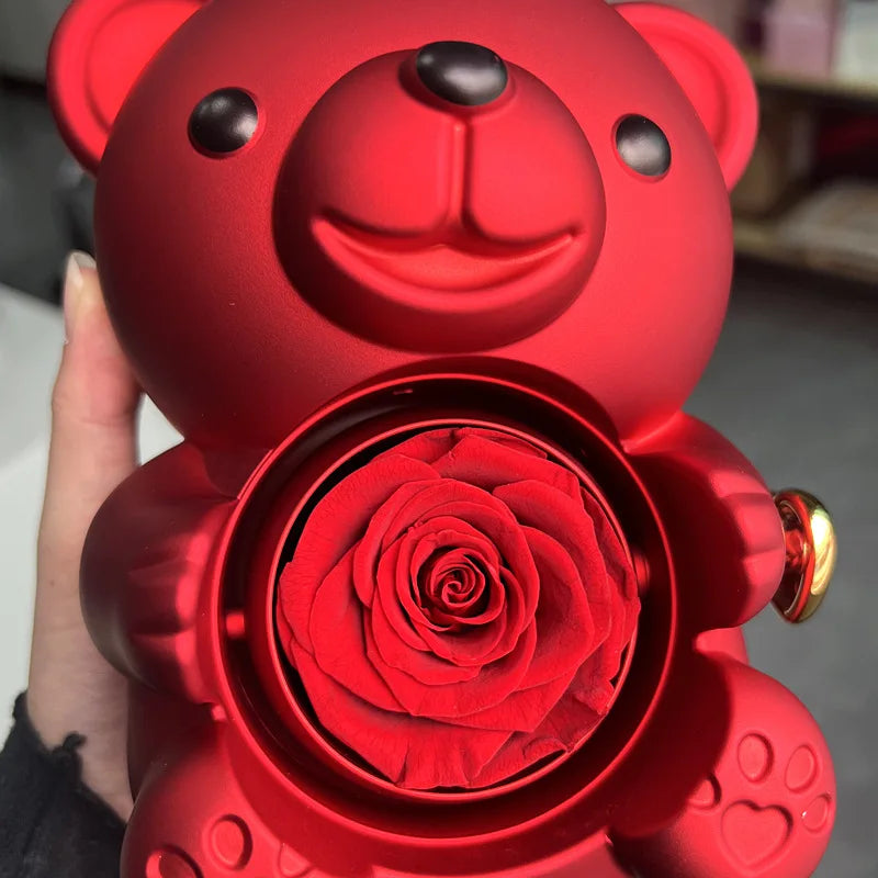 Eternal Rose™ Teddy Bear Jewelry Box – Rotating Rose & Necklace Storage Case