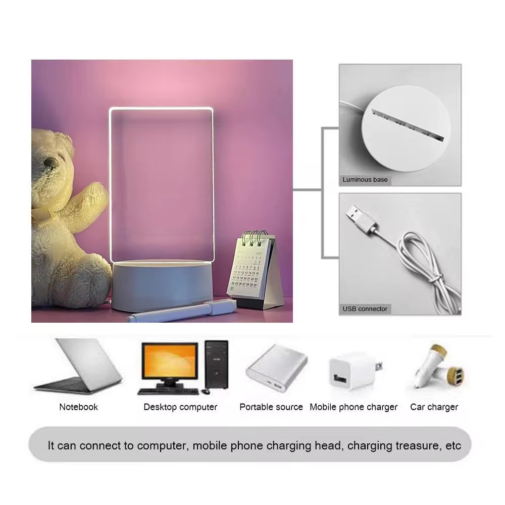 Transparent Luminous LED Night Light – USB Rechargeable Acrylic Message Board & Calendar, Erasable Desktop Ornament