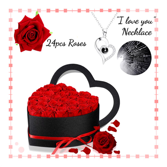 Artificial Rose Bouquet™ Heart-Shaped Gift Box – "I Love You" Necklace & Eternal Roses for Her