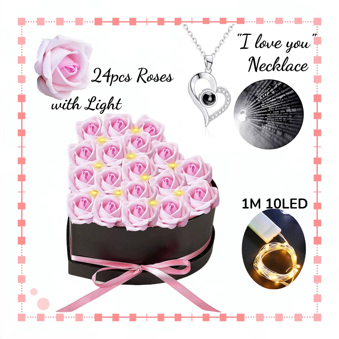 Artificial Rose Bouquet™ Heart-Shaped Gift Box – "I Love You" Necklace & Eternal Roses for Her