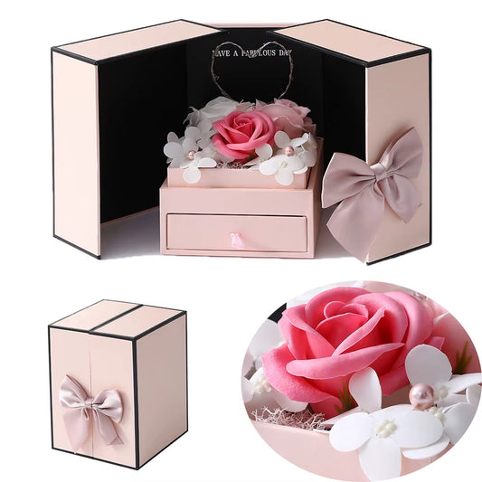 LED Soap Rose™ Flower Gift Box – Pink Double Door with Drawer for Jewelry & Lipstick Packaging