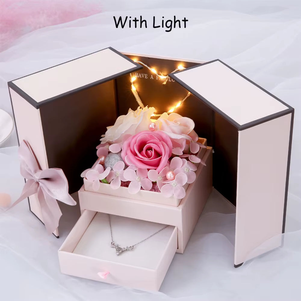 LED Soap Rose™ Flower Gift Box – Pink Double Door with Drawer for Jewelry & Lipstick Packaging