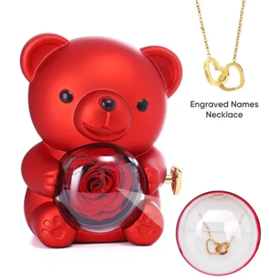 Eternal Rose™ Teddy Bear Jewelry Box – Rotating Rose & Necklace Storage Case